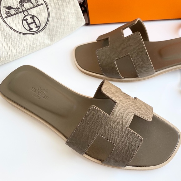 HERMES H ORAN SANDALS ETOUPE EPSOM LEATHER FLIP FLOPS SHOES FLAT SLIDES 38 - Picture 11 of 13